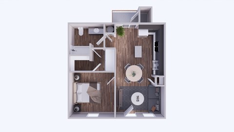 A top down view of a house layout with a living room, dining room, kitchen, and bathroom.